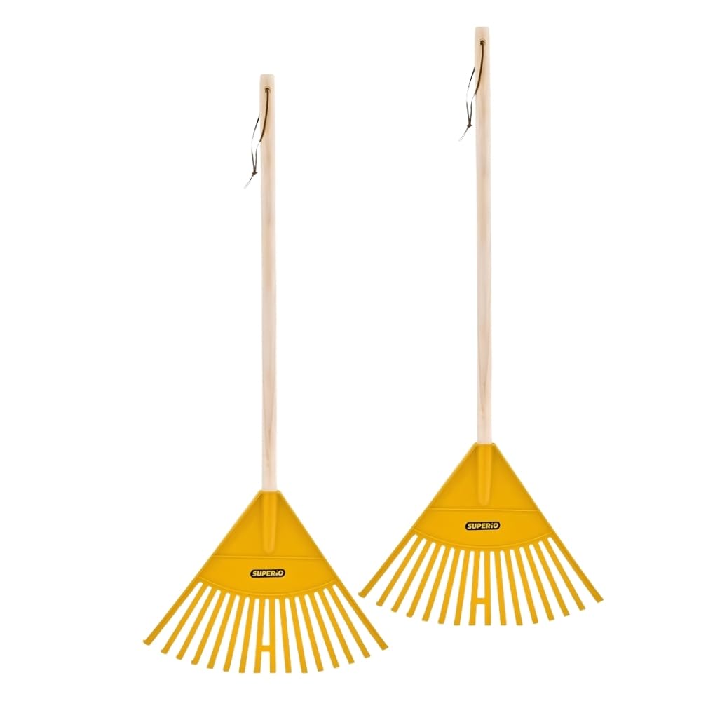 Superio Kids Leaf Rake, 34-Inch Lawn &amp; Garden Rake with Hardwood Handle and Durable Plastic Head, Leaf Cleanup Tool, Yellow 2 Pack