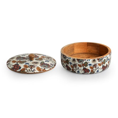 Image of ExclusiveLane 'Floral Chronicles' Wooden Chapati Box for Kitchen with Lid (Mango Wood, 8 inch, 1140 ml) | Hot Case for Roti Casserole for Roti Hot Case Casserole Roti Box Hot Pot for Roti Kitchen