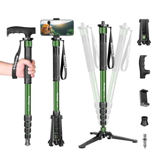 Manbily Kamera-Einbeinstativ mit Standfuß & Gehstockgriff aus Aluminium, 5 Abschnitte bis zu 180cm, Wanderstöcke Reise-Einbeinstativ Tragbar Kompakt Leicht mit füßen Max 10KG DSLR Kamera Videokamera