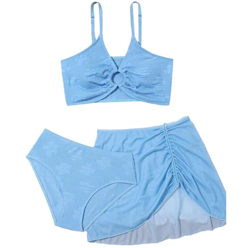 Girl's 3 Piece Bikini Swimwear Cute Swimsuits Bathing Suit Solid High Waisted Tankini with Cover Up Beach Skirt