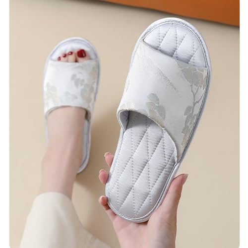 JadeRich Women's Open Toe Satin Slippers Jacquard Embroidered Cozy Lightweight Luxury Silky Quilted Indoor Slides2