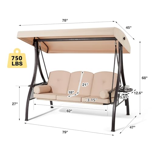 Image of HOMREST 3 Person Outdoor Porch Swing with 1.5 inch Upgraded Cup Holder, Adjustable Canopy, Backrest, Patio Swing Bed with Weather Resistant Steel Frame, Cushions for Garden,Deck and Poolside(Khaki)