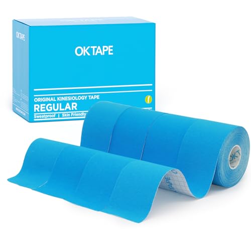 Image of OK TAPE Kinesiology Tape (4 Pack) Latex Free Cotton Uncut 2in x 16.4ft | Regular Original Elastic Water Resistant Therapeutic Athletic Tape for Support Muscle Joint Knee Injury Recovery Blue