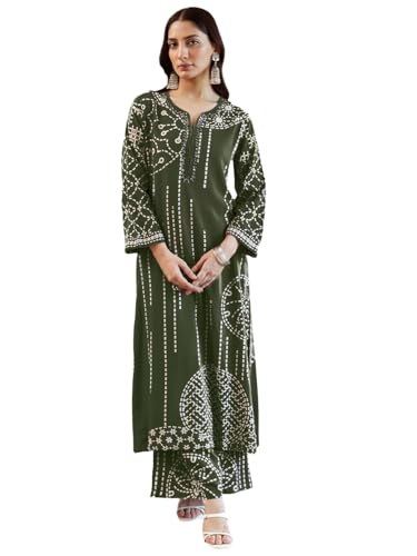Image of INDO ERA Women's Green Viscose Rayon Printed Straight Kurta & Pant Set (IEOUT6940)