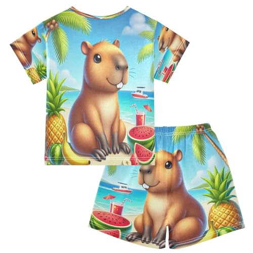 Capybara Summer Fruits Beach Pajama Set Short Sleeve PJ Set Cotton Summer Pajamas Sleepwear Soft 5Y2