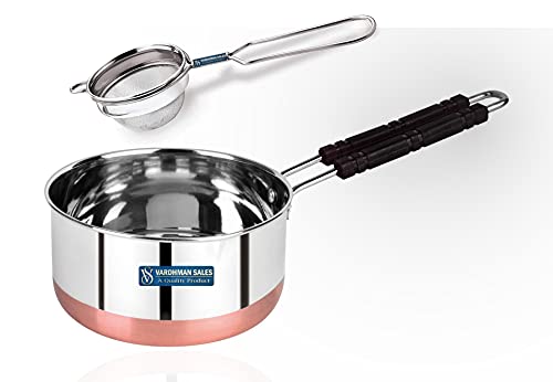 Vardhman Sales Heavy Stainless Steel Copper Bottom Sauce Pan, Sauce Pan, Tea Pan, Milk Pan, Tapeli Patila,Cookware with Strainer Big Size (1550 ml)