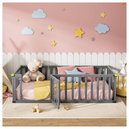 ROOMTEC Twin Size Montessori Floor Bed Soild Wooden, Toddler Bed Frame w/Convertible Door and Safety Fence, Floor-Bed-Frame for Children Bedroom, Toddlers, Boys Girls, Kids Playroom, Grey
