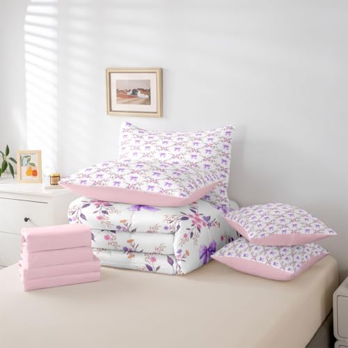 Erosebridal Purple Bowknot 7 Piece Comforter Set Twin Coquette Bow 7 Piece Bed in a Bag Botanical Floral Grid Plaid Fitted Sheet Dreamy Princess Style Sheet Set Breathable Lightweight by Erosebridal - Image 6