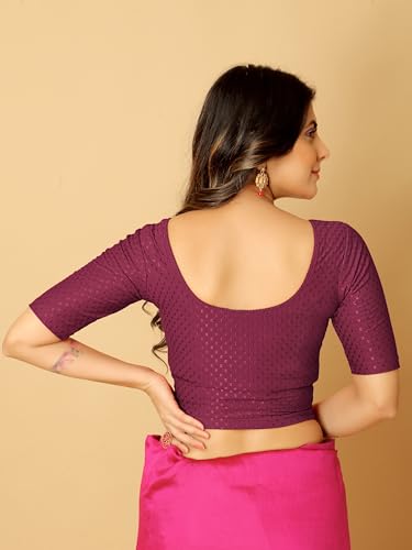 Image of Amazon Brand - Anarva Round Neck Dobby Cotton Lycra Stretchable Elbow Half Sleeve Readymade Saree Blouse for Women Stylish