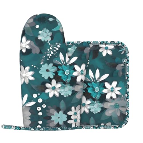 Juego de manoplas y soportes para ollas florales color verde azulado y blanco antideslizantes y resistentes a altas temperaturas, fáciles de limpiar y colgar.