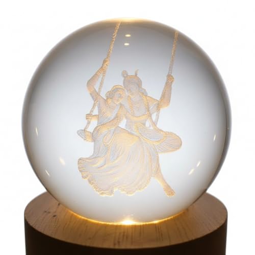 Image of 3D Radha Krishna Swing Crystal Ball LED Night Lamp, Spiritual Engraved Design with Wooden Base, Decorative Night Light for Home Mandir, Gift (Radha Krishna Swing)
