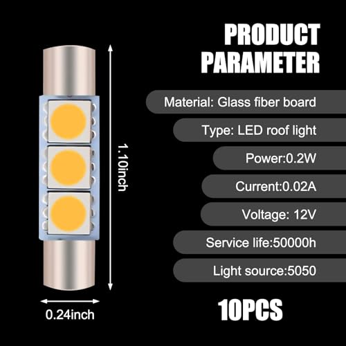 10 PCS T6 5050 Car LED Sun Visor Lights - 28MM 12V Waterproof Reading Bulbs (Warm White)