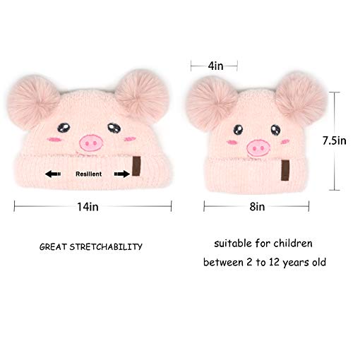 Kids Winter Beanie Knitted Hats For Girls Boys Toddler Baby, Pig Cartoon Animal Faux Fur Double Pom Pom Bobble Warm Soft Fleece Cute Infant Stocking Cap For Children #TOP4
