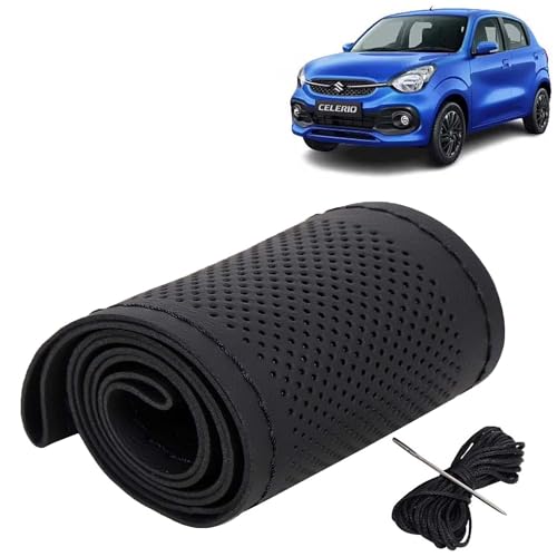 Image of KINGSWAY PU Leatherite Car Steering Cover Sewable Compatible with Maruti Suzuki Celerio (Year 2021 Onwards), Black Color with Black Thread, Pack of 1 with Sewing Needle and Thread