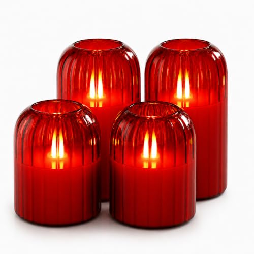 Image of Lezonic Red LED Flameless Candles, 4 Pcs Glass Battery Operated Pillar Candles with Remote, Dancing Flickering Flame Real Wax, Home Decor for Wedding, Halloween, Christmas, & Holiday Table Centerpiece