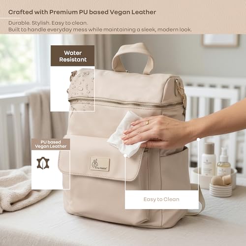 Image of R for Rabbit Caramello Bold Ivy Diaper Bag for Moms, Premium Vegan Leather with Insulated Bottle Pockets, 7 Compartments, Maternity Travel Backpack, 24 Litre Capacity (Ivory Beige)