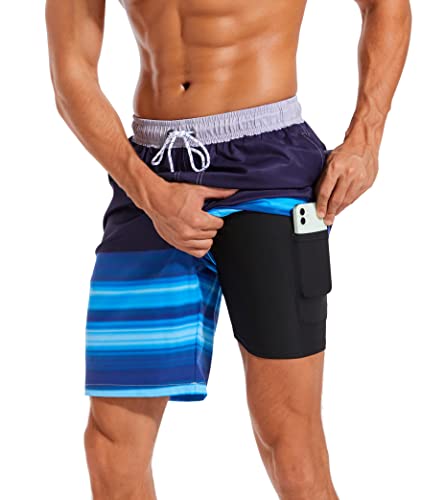 Difficort Mens Swim Trunks With Compression Liner Quick Dry Bathing Suits Shorts With Zipper Pockets,Gradient Blue Stripe,Large #TOP8