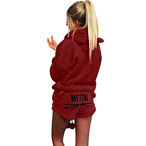 Moochy Outono Inverno Mulheres Coral De Veludo Pijama Set Padrão Bonito Do Gato Com Capuz Shorts Two