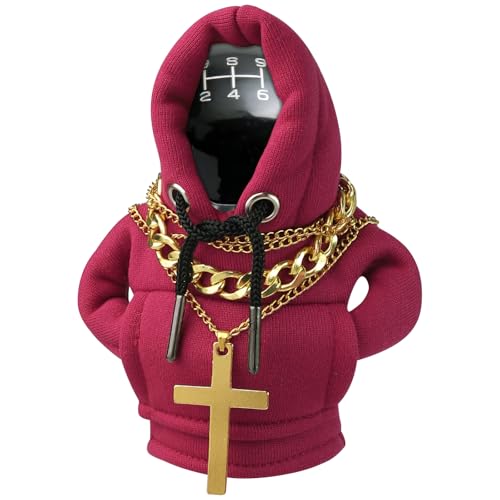 BATHRINS 3 Pcs Gear Stick Hoodie with Cross Chain/Necklace Shift Knob Hoodie for Car Gear Stick Cover Universal Car Decorations Auto Interior Accessories for Most Vehicles (Red)