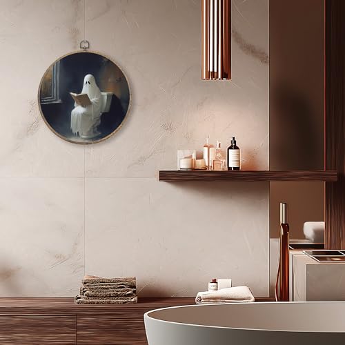 Sufamb Halloween Ghost Bathroom Round Wall Art Decor, Dark Academia Ghost Reading Canvas Artwork Framed, Gothic Halloween Wall Hanging Prints Decorations for Bathroom Washroom Decor, 10x10 Inches by Sufamb - Used condition - Image 4