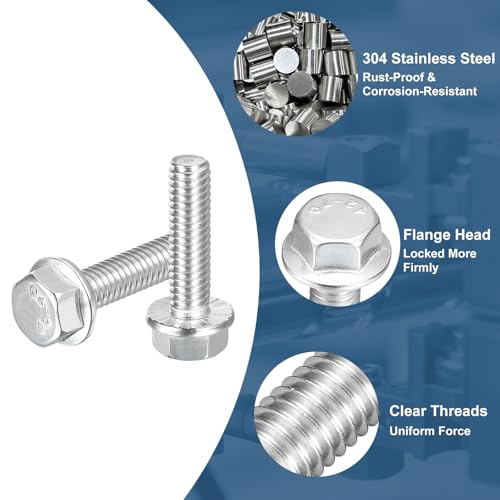 Image of uxcell 10Pcs 5 /16-18 x 1-1 /4 inch Flanged Hex Head Bolts, 304 Stainless Steel Flange Hexagon Screws, Flange Hex Drive Screws 5.8 Grade for Machinery Industry Home Appliances, Silver