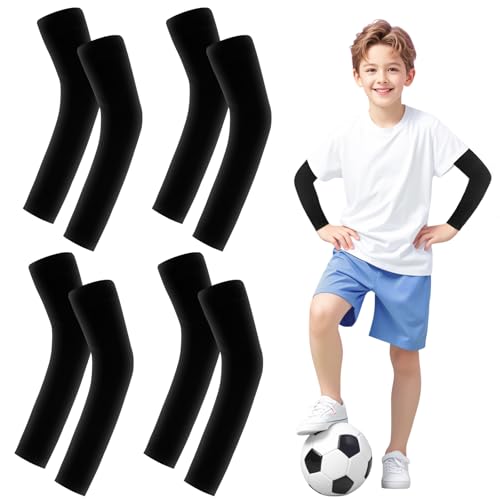 Leikedun 4 pares de brazos, protectores de brazos de compresión anti-UV, transpirables, para verano, refrescante, para niños, para juegos de voleibol, Negro , XS
