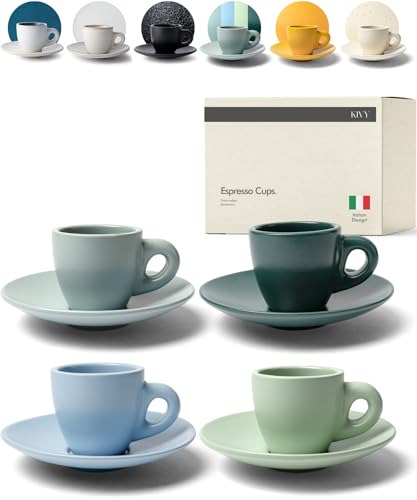 KIVY Juego de tazas de café expreso [4 x 75 ml] – tazas de espresso con platillos, hechas a mano, de pared gruesa, tazas italianas de espresso – tazas de espresso de gres de pared gruesa – verde y