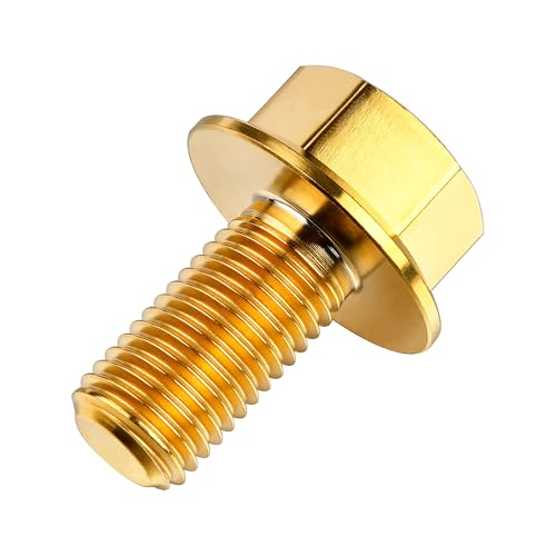 Image of Ti Screws M10 x 20 25 30 35 40 45 50 55 60 65 70 75 80 90 100mm 1.25 Pitch Titanium Flange Hex Bolt Pack of 4 (Gold, M10x20mm)