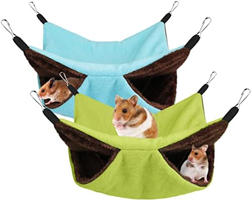 2 Pcs Pet Cage Hammock, Soft Plush Bunkbed Hanging Hammock Warm Double Layer Ferret Hammock Small Pet Hammock Accessories for Rat Guinea Pig Sugar Glider Squirrel Chinchilla Play Sleep (Green, Blue)