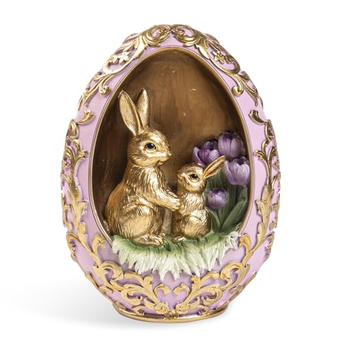 pechpell Easter Egg Bunny Figurine, Gold Embossed Resin Decorative Egg Shaped Bunny Decor with Purple Flowers, Spring Rabbit Statue Gifts Indoor Tabletop Centerpiece Mantel Shelf Desk Home Decorations