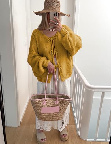 Image of SKIKYAN Women Bowtie Oversized Knit Sweater Cardigan Y2K Long Sleeve V Neck Open Front Casual Knitwears