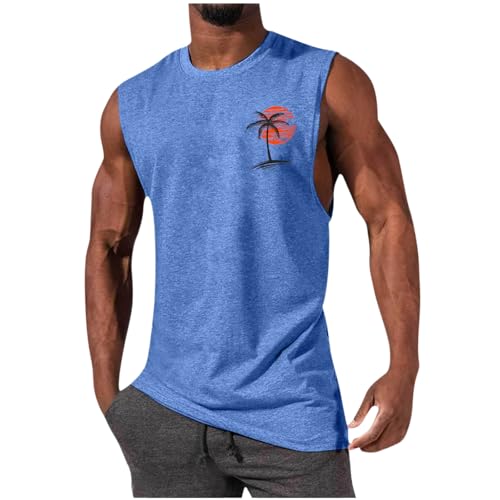 Image of Mens Summer Beach Tank Top Hawaiian Palm Tree Print Sleeveless Muscle Basic Tee Vacation Tops