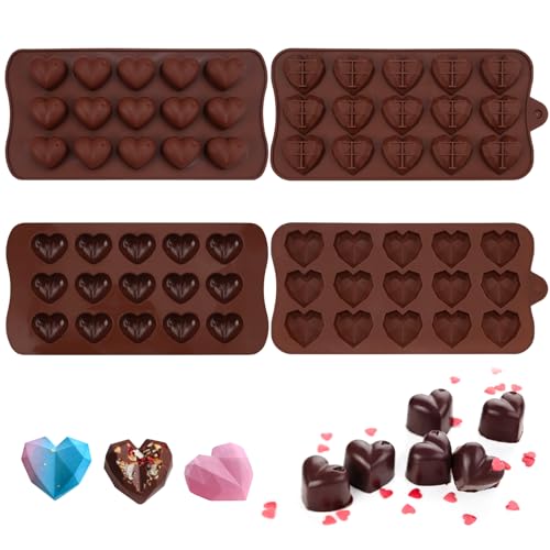 4 Pezzi Stampi per Cioccolato a Forma di Cuore d'amore,con Stampo per Cioccolatini con 15 Cavità,Stampi Morbidi per Cioccolato a Dorma di Cuore,Stampi per Cuore Caramelle Riutilizzabili per Cioccolato