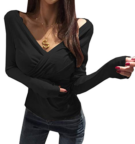 [ココアンドユカ] カシュクール 長袖 トップス セクシー Vネック カットソー リブ ニット ロング T シャツ レディース オフショルダー エレガント (ブラック, M)