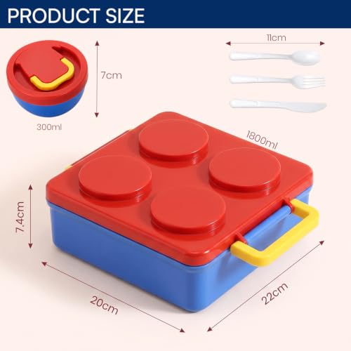 Image of House of Quirk 'NomNom' 1800ml Building Block Bento Lunch Box with 300ml Bowl, Microwave Safe, 3 Compartments, Spoon, Fork & Knife for School, Office & Picnic (Red /Blue)