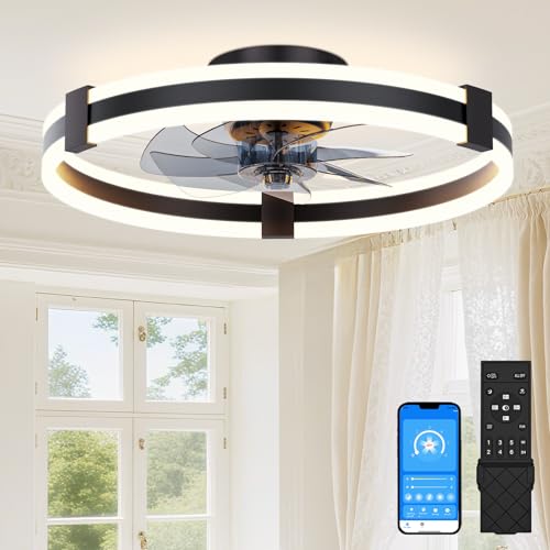 SUNKENET Ceiling Fans with Lights and Remote, 50cm LED Ceiling Fan Light, 3000K-6500K Dimmable Smart Fan Ceiling Light, 6 Wind Speeds & Reversible, Black Queit Fan Light Ceiling for Bedroom