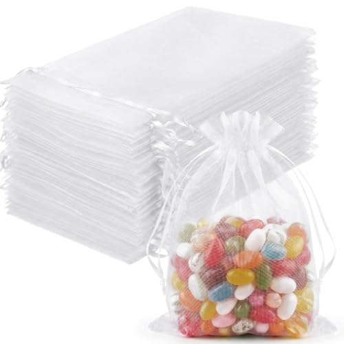 Image of FUNFERY 100PCS White Organza Gift Bags 4x6in,Drawstring Pouch for Jewelry