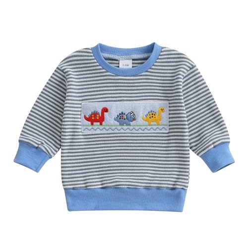 Toddler Baby Boys Clothes Car/Dinosaur Embroidered Sweatshirt Strip Knit Pullover Tops Cute Fall Winter Sweater (Sky Blue, 6-12 Months)