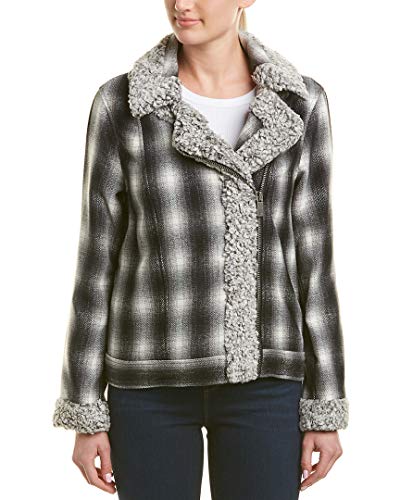 Two by Vince Camuto Brushed Plaid Sherpa Trim Moto Jacket Rich Black MD (8-10)