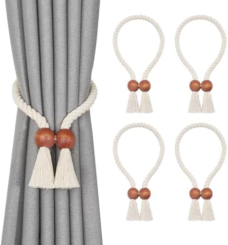 Pretty Jolly 4 Pack Wooden Polyhedron Magnetic Curtain Tiebacks Boho Home Decor Drape Tie Backs Natural Cotton Hand Woven Rope Curtain Holdbacks for Home & Office Window Draperies (Beige)