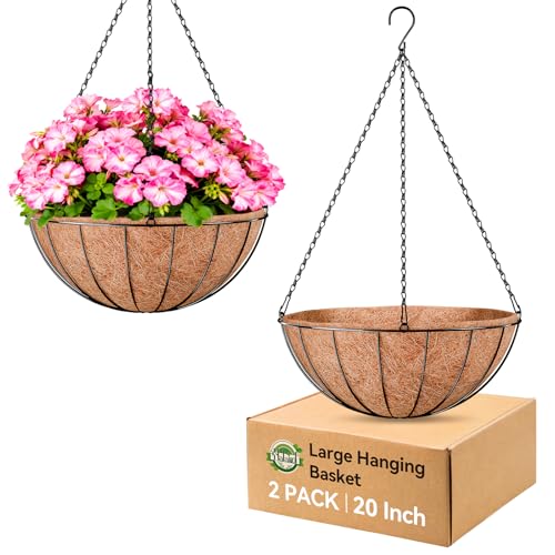 Halatool 20 Inch Large Hanging Planters for Outdoor Plants 2 Pack Metal Outdoor Hanging Baskets with Coco Liner Round Hanging Flower Pot for Plants Flowers Garden Decorations