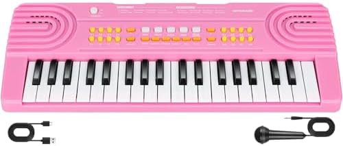 Kids Piano Keyboard Toy for 4 Year Old Girl Birthday Gift 37 Key Pink Pianos with Microphone Toddler First Music Instrument Toys for 3 4 5 6 7 Year Old Boys Girls Gifts