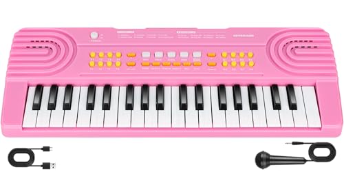 37 Tasten Kinder Keyboard mit Mikrofon Elektronisches Tragbares Klavier Musikspielzeug ab 3 4 5 6 7 Jahre Geschenk für Jungen Mädchen Anfänger (Rosa)