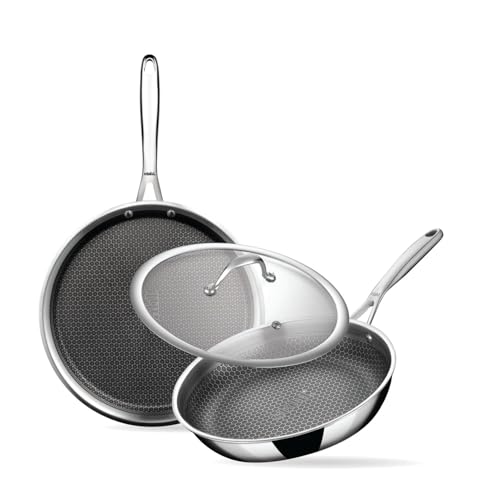 Image of Stahl Artisan Hybrid 3 Piece Triply Stainless Steel Cookware Set | Dosa Tawa 28cm + Fry Pan 24cm with Glass Lid | Induction & Gas Compatible | Non-Stick Honeycomb Hybrid Cookware Combo