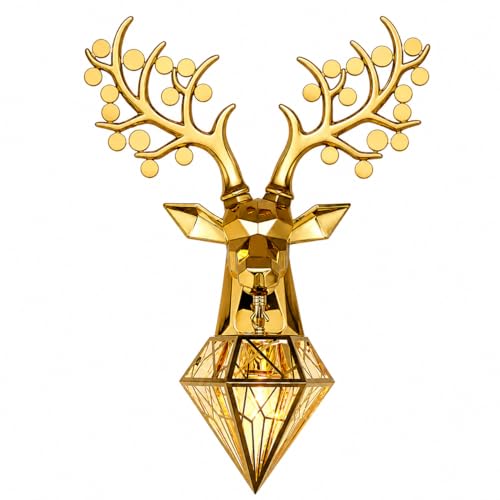 Image of Modern Metallic Golden Deer Wall Sconce with Diamond Cage Light, Metal Wall Art, Antler Design, Decorative Wall Lamp for Living Room, Bedroom, Home, Hotel, Cafe with Filament Bulb (Deer)