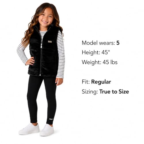 Image of DKNY Girls' Vest Set - 3 Piece Button Down Quilted Puffer Vest Long Sleeve Shirt and Flare Leggings Set (Sizes: 2T-6X)