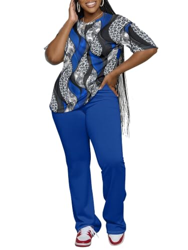 ZCC Women 2 Piece Outfit Summer Short Sleeve T-Shirt With Leopard Print And Solid Blue Pants Casual Set