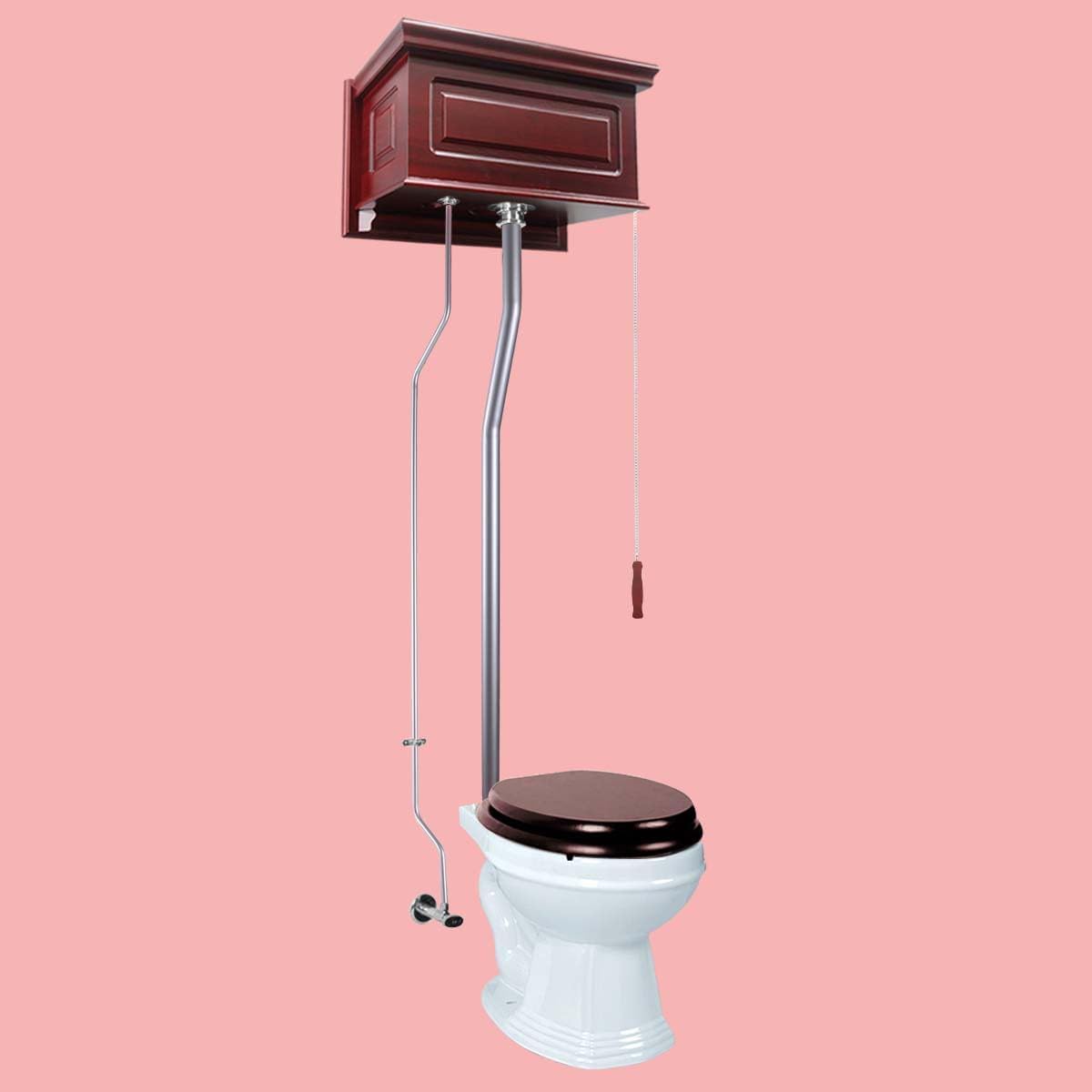 Cherry Wood Finish High Tank Pull Chain Toilet Wooden Raised Tank Round Rear Entry White Porcelain Bowl And Satin L Pipes Adjustable Height 70"- 74" With Hardware Renovators Supply Manufacturing