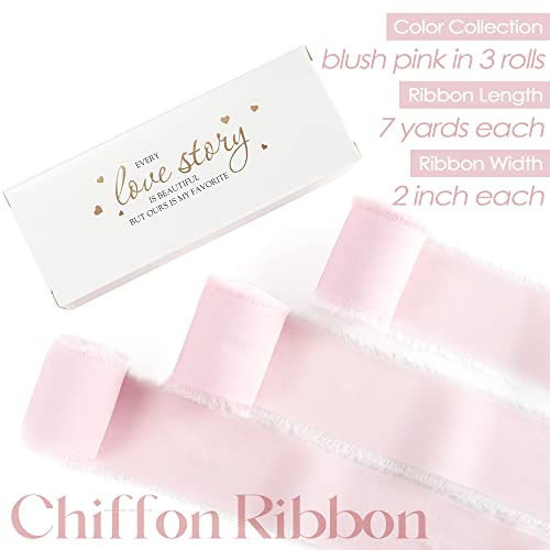 Meedee Chiffon Ribbon Handmade Fringe Silk Ribbon 2" X 7 Yards Blush Pink Chiffon Ribbon Perfect For Wedding Invitation, Bridal Bouquet, Gift Wrapping, Baby Shower Decor (3 Rolls 21 Yards) #TOP1