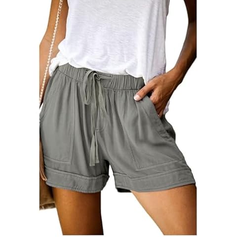 Wielsscca Womens Drawstring Shorts Trendy Summer Elastic Waist Cute Casual Cotton Lightweight with Pockets Q-Grey XL Cover